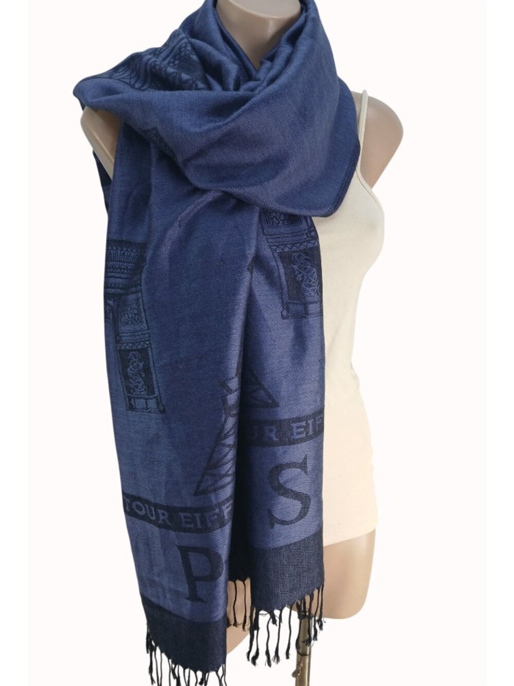 Paris Eiffel Tower Blue Scarf 72x24" Fringe Acrylic Viscose Souvenir Tourist